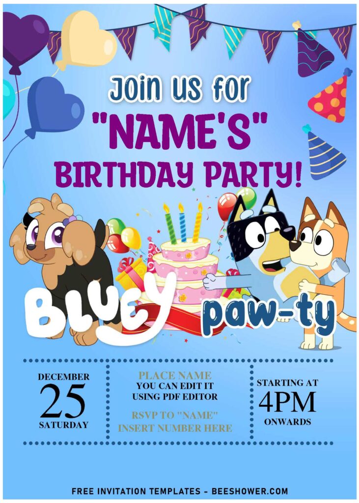 (Free Editable PDF) Lovey Dovey Bluey Invitation Templates For Toddler And Preschoolers with lovely colorful text