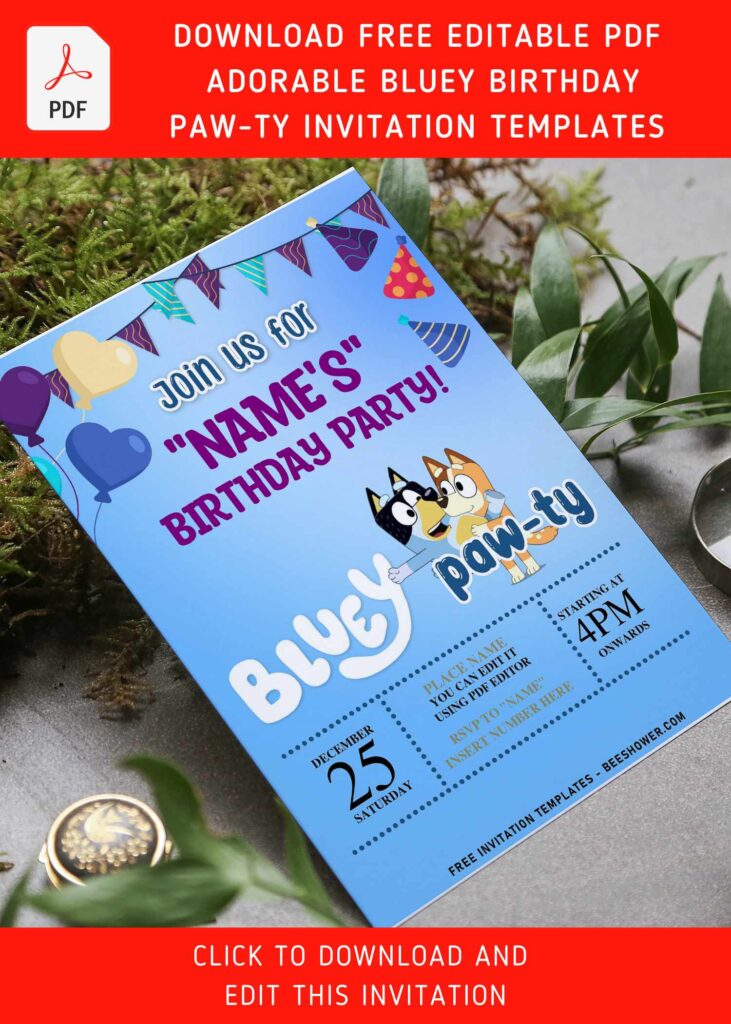 (Free Editable PDF) Lovey Dovey Bluey Invitation Templates For Toddler And Preschoolers with Bandit and Chilli heeler