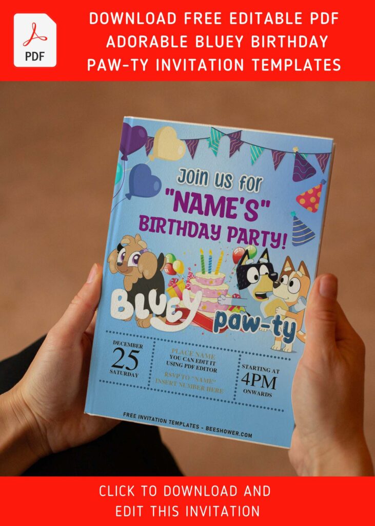 (Free Editable PDF) Lovey Dovey Bluey Invitation Templates For Toddler And Preschoolers with editable text