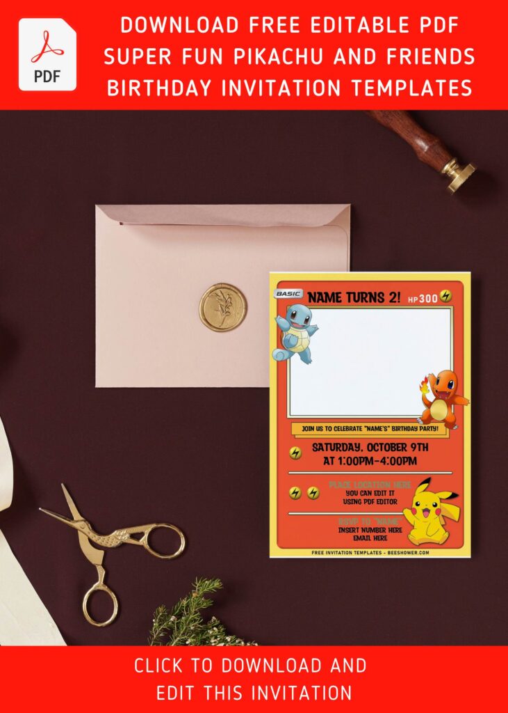 (Free Editable PDF) Lovely Pokémon Card Themed Birthday Invitation Templates with lovely cute Squirtle