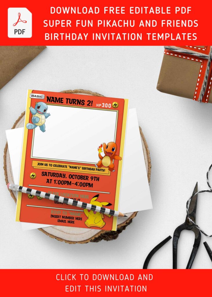 (Free Editable PDF) Lovely Pokémon Card Themed Birthday Invitation Templates with cute Charmander