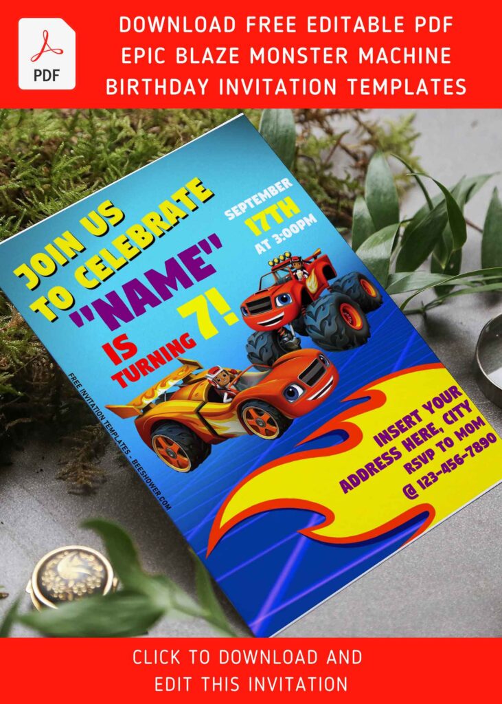 (Free Editable PDF) Awesome Racing Madness Blaze The Monster Machine Invitation Templates with colorful text