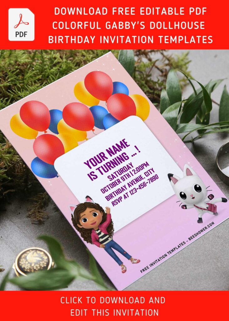 (Free Editable PDF) Cutie Gabby's Dollhouse Birthday Invitation Templates with 