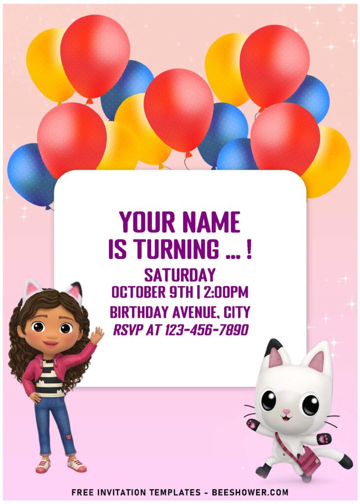 (Free Editable PDF) Cutie Gabby's Dollhouse Birthday Invitation Templates with colorful balloons