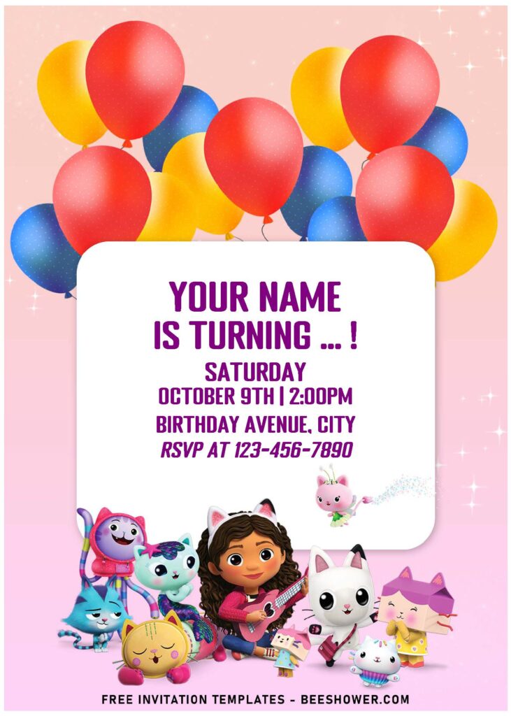 (Free Editable PDF) Cutie Gabby's Dollhouse Birthday Invitation Templates with cute wording