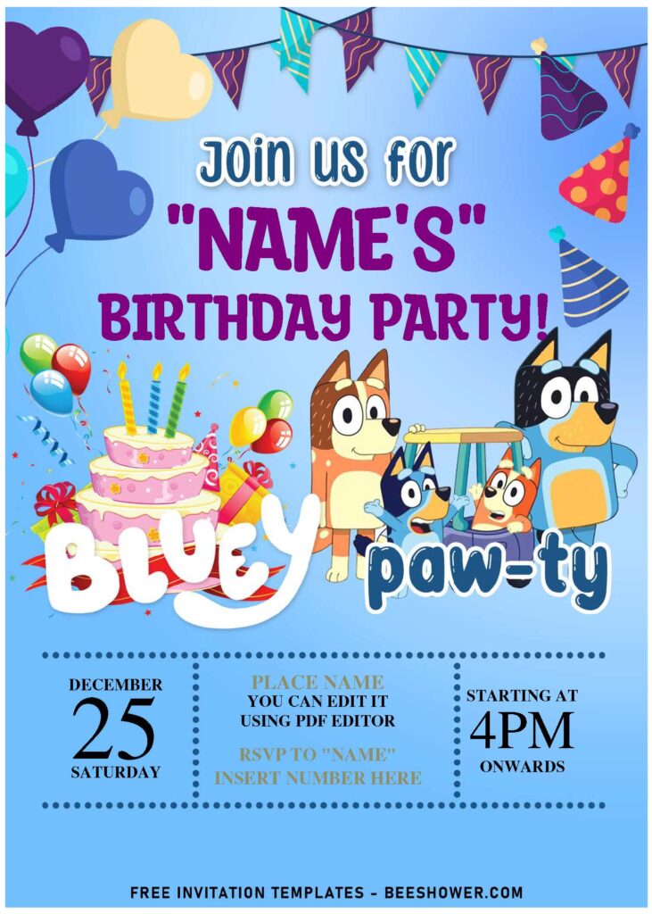 (Free Editable PDF) Lovey Dovey Bluey Invitation Templates For Toddler And Preschoolers with baby blue background
