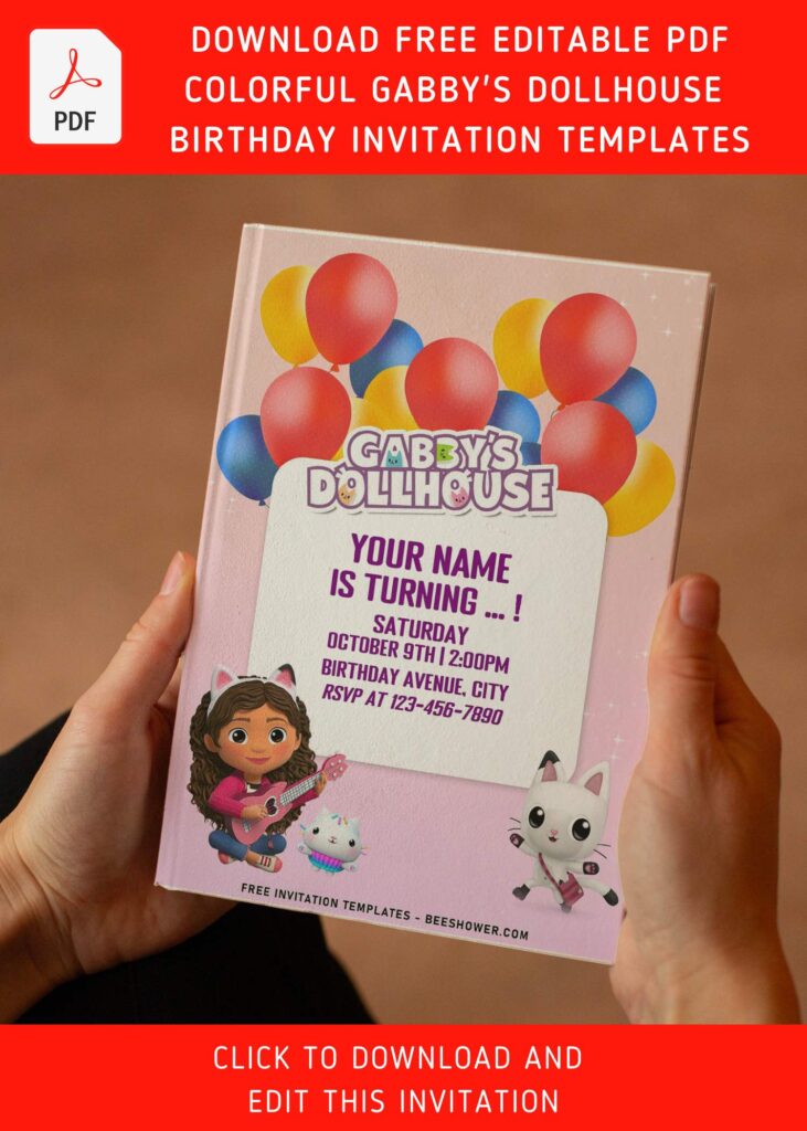 (Free Editable PDF) Cutie Gabby's Dollhouse Birthday Invitation Templates with cute Gabby