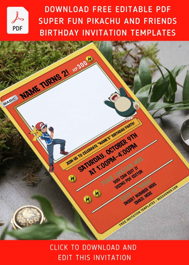 (Free Editable PDF) Lovely Pokémon Card Themed Birthday Invitation Templates with Ash and Pikachu