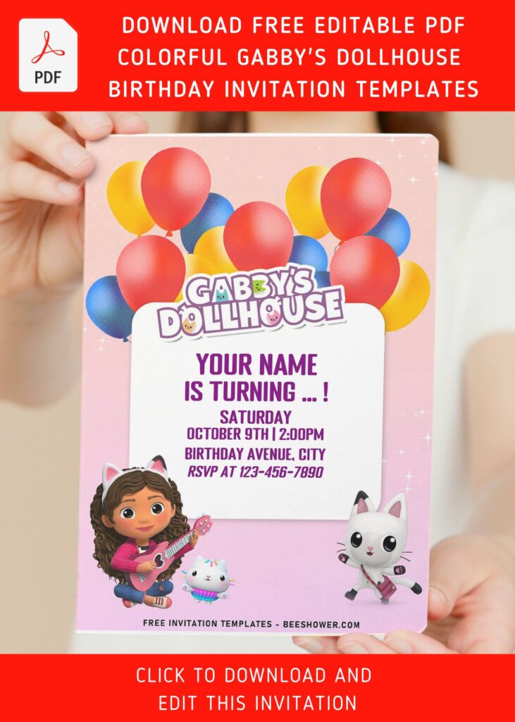 (Free Editable PDF) Cutie Gabby's Dollhouse Birthday Invitation Templates with Pandy Paws