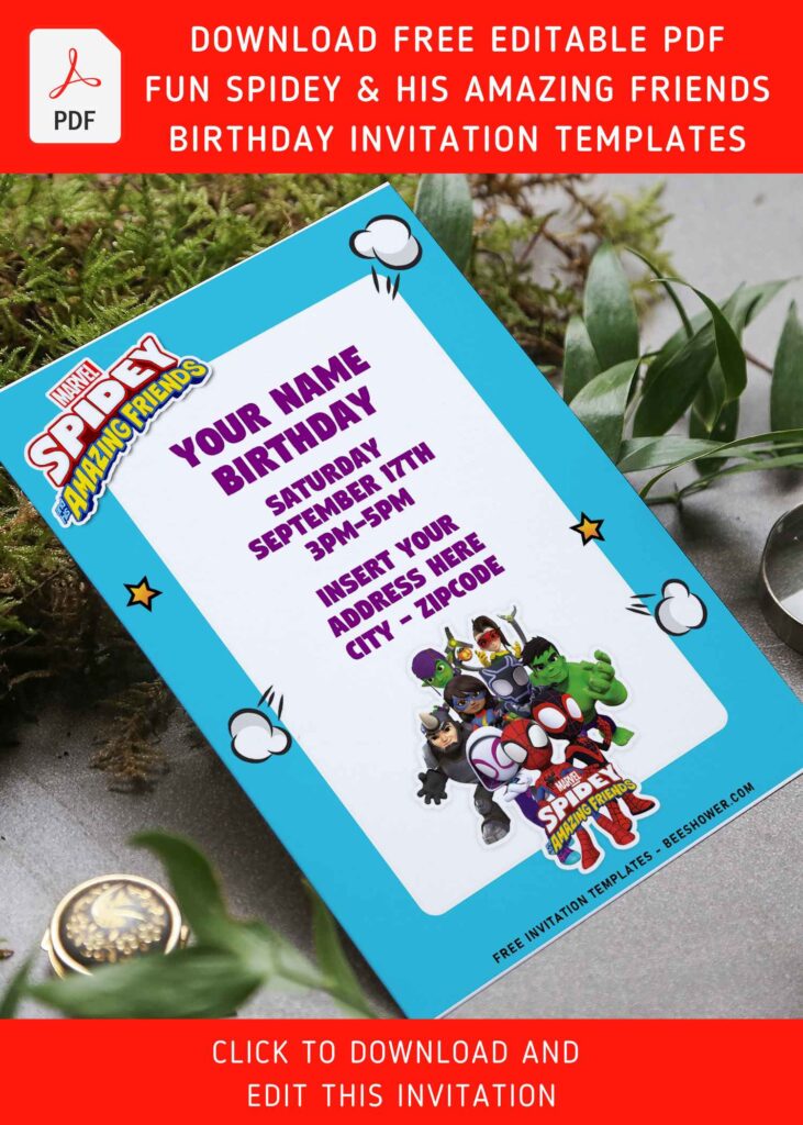 (Free Editable PDF) Disney Junior Spidey & His Amazing Friends Invitation Templates with baby Captain America and Rhino