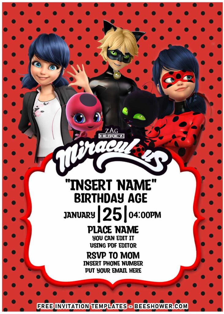 (Free Editable PDF) Badass Ladybug And Cat Noir Birthday Invitation Templates with cute red background