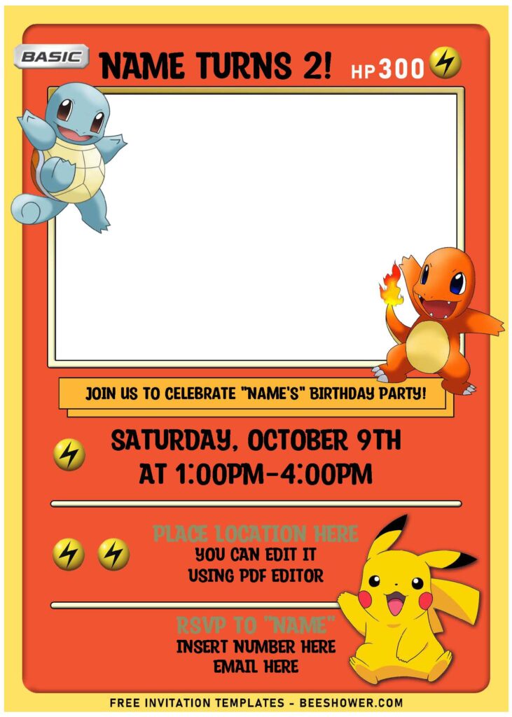 (Free Editable PDF) Lovely Pokémon Card Themed Birthday Invitation Templates with cute picture frame