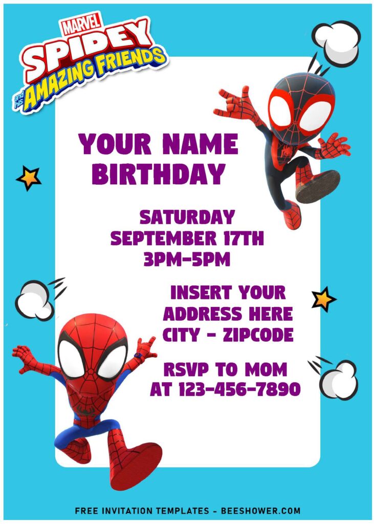 (Free Editable PDF) Disney Junior Spidey & His Amazing Friends Invitation Templates with Miles Morales and Peter Parker Spiderman