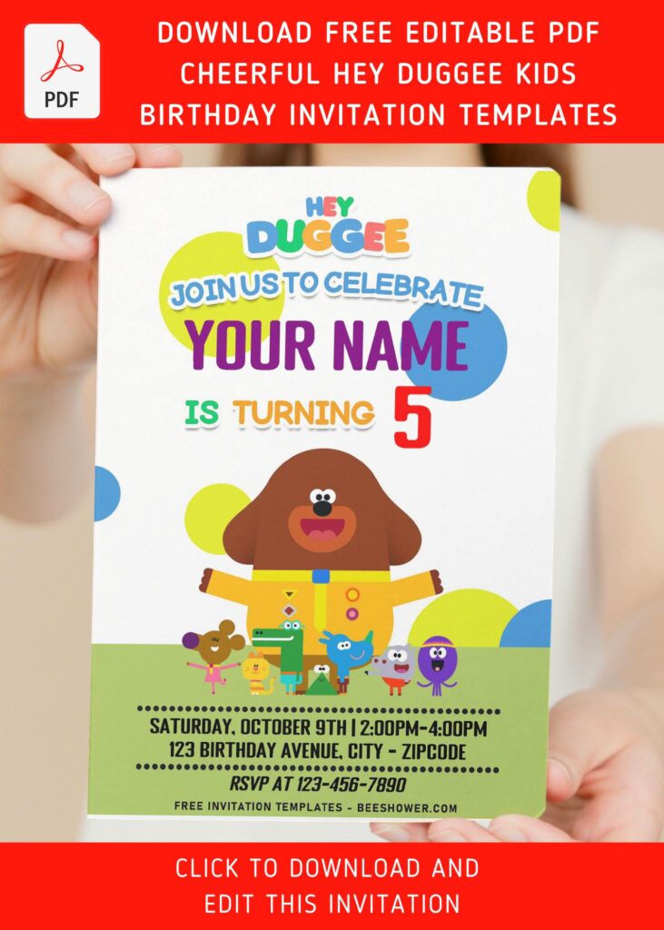 Free Editable PDF Super Cute Hey Duggee Birthday Invitation Templates C - Downloadable (Free Editable PDF) Sand Castle Hey Duggee Birthday Invitation Templates - Template No. 29