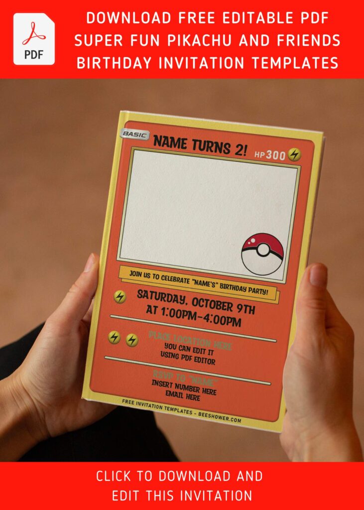 (Free Editable PDF) Lovely Pokémon Card Themed Birthday Invitation Templates with adorable design
