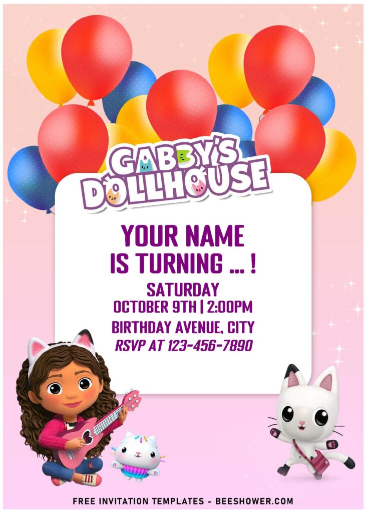 (Free Editable PDF) Cutie Gabby's Dollhouse Birthday Invitation Templates with cute pink background