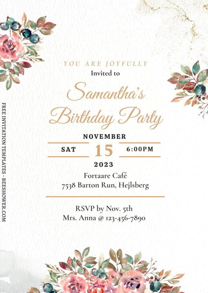 (Free) 7+ Ombre Gold And Floral Autumn Canva Birthday Invitation Templates with editable text