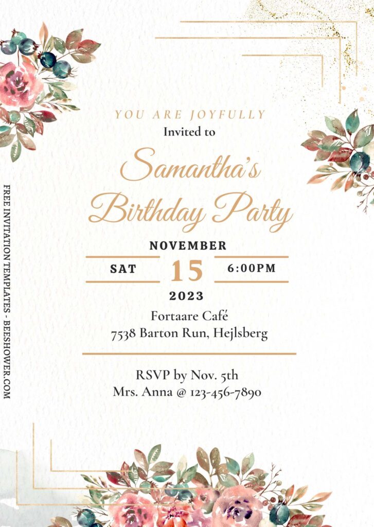 (Free) 7+ Ombre Gold And Floral Autumn Canva Birthday Invitation Templates with garden roses