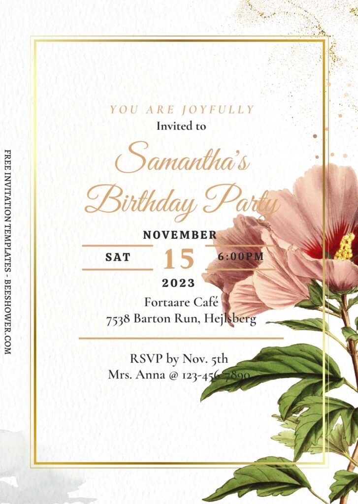 (Free) 7+ Ombre Gold And Floral Autumn Canva Birthday Invitation Templates with sweet pink floral
