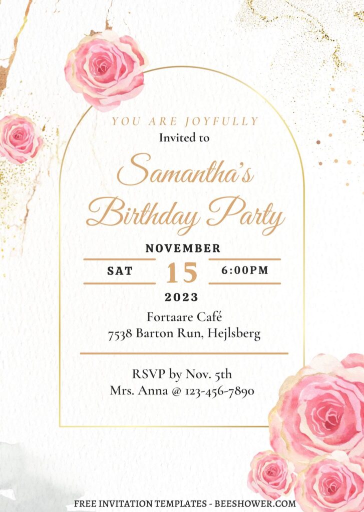 (Free) 7+ Ombre Gold And Floral Autumn Canva Birthday Invitation Templates with romantic blush pink rose