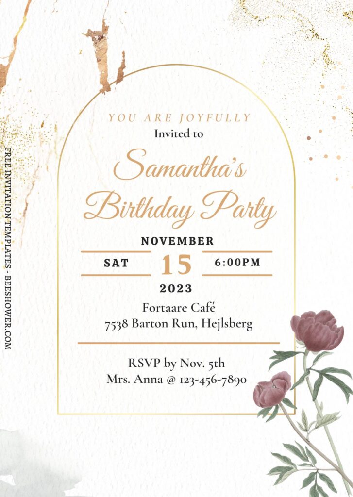 (Free) 7+ Ombre Gold And Floral Autumn Canva Birthday Invitation Templates with watercolor rose
