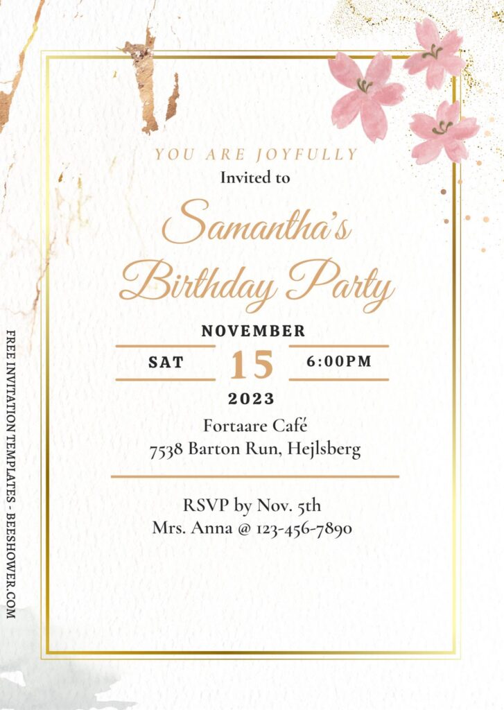 (Free) 7+ Ombre Gold And Floral Autumn Canva Birthday Invitation Templates with stunning modern gold geometric frame