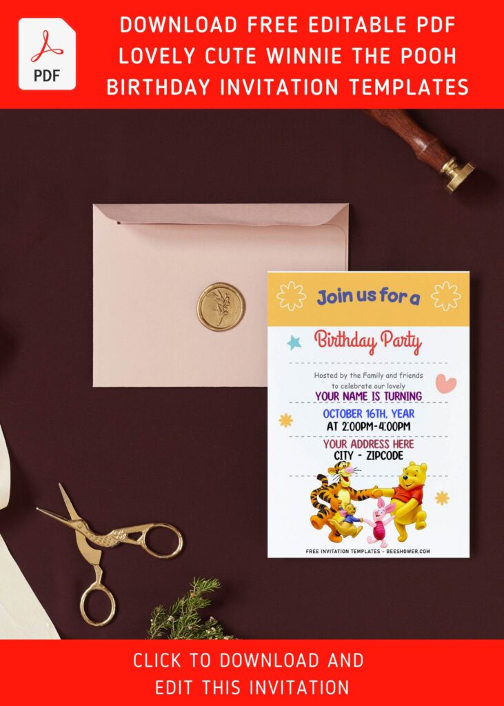 (Free Editable PDF) Fairly Cute Winnie The Pooh Birthday Invitation Templates with Tigger, Pooh, and Piglet are happy