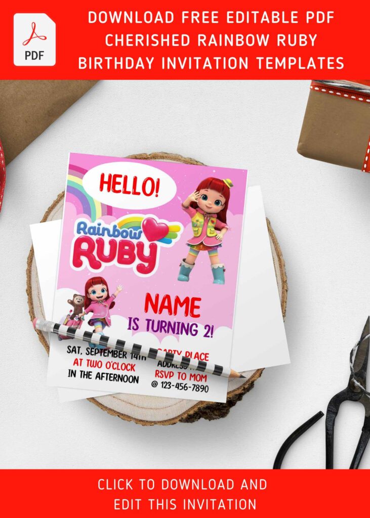 (Free Editable PDF) Cherished Rainbow Ruby Birthday Invitation Templates For Girl with cute Teddy Bear