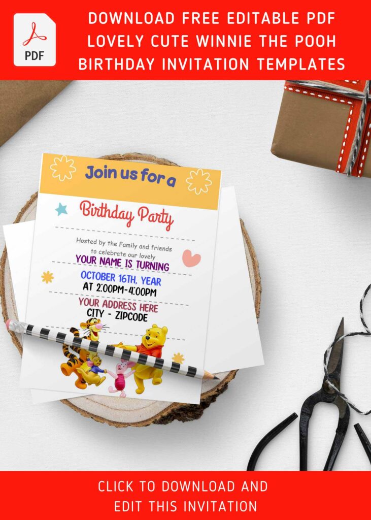 (Free Editable PDF) Fairly Cute Winnie The Pooh Birthday Invitation Templates with white background