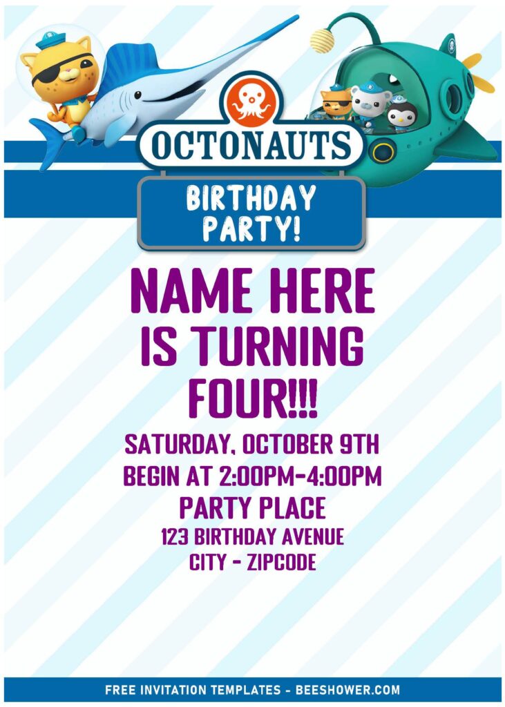(Free Editable PDF) Under The Sea Adventure Octonauts Birthday Invitation Templates with cute stripes