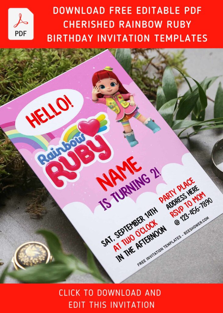 (Free Editable PDF) Cherished Rainbow Ruby Birthday Invitation Templates For Girl with colorful text