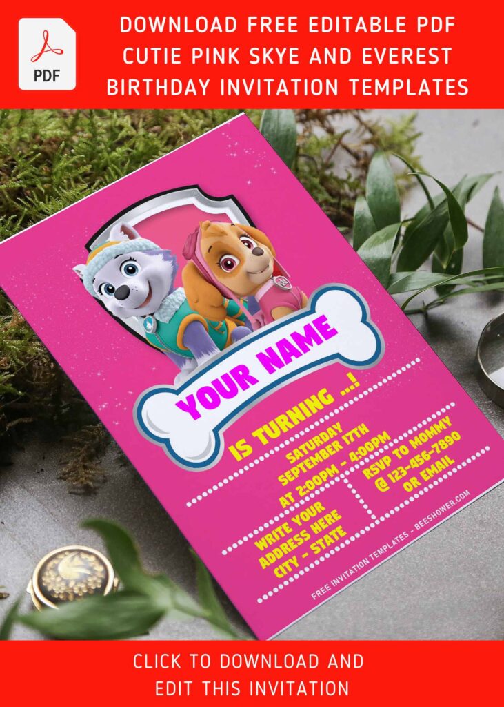 (Free Editable PDF) Cutie Pink Skye And Everest Birthday Invitation Templates with Paw patrol's badge