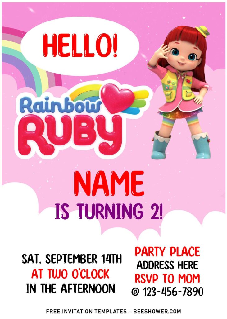 (Free Editable PDF) Cherished Rainbow Ruby Birthday Invitation Templates For Girl with pastel rainbow