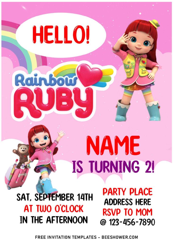 (Free Editable PDF) Cherished Rainbow Ruby Birthday Invitation Templates For Girl with pink sky