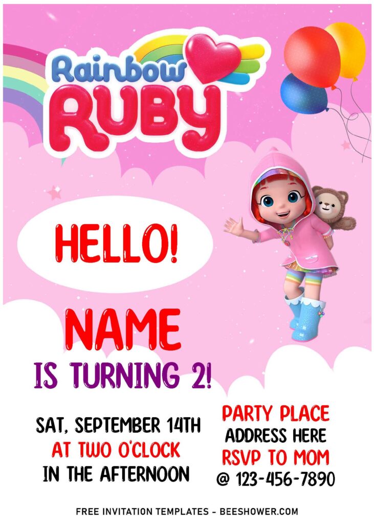 (Free Editable PDF) Cherished Rainbow Ruby Birthday Invitation Templates For Girl with pink background