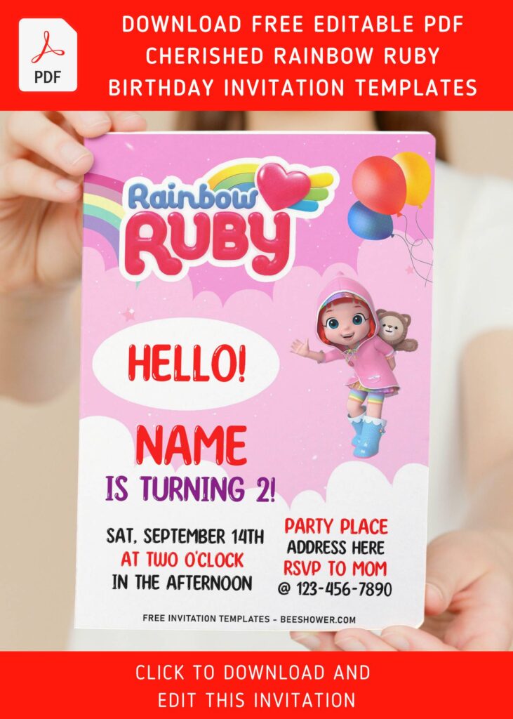 (Free Editable PDF) Cherished Rainbow Ruby Birthday Invitation Templates For Girl with cute wordings