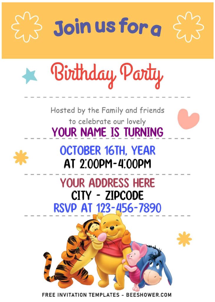 (Free Editable PDF) Fairly Cute Winnie The Pooh Birthday Invitation Templates with cute heart shapes