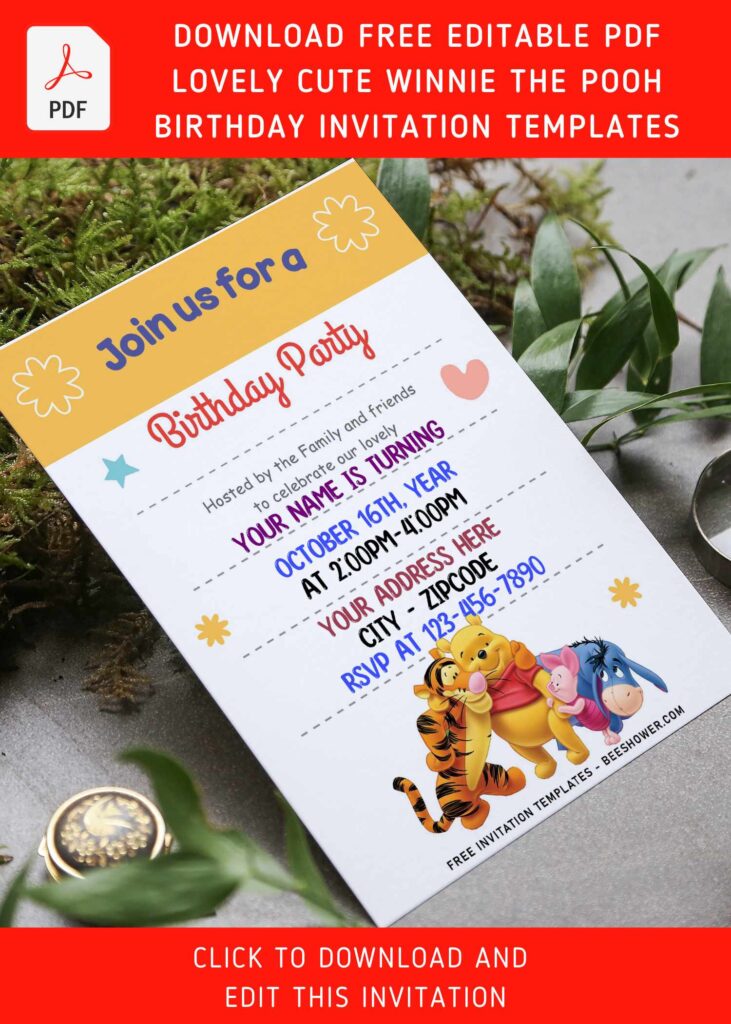 (Free Editable PDF) Fairly Cute Winnie The Pooh Birthday Invitation Templates with colorful text