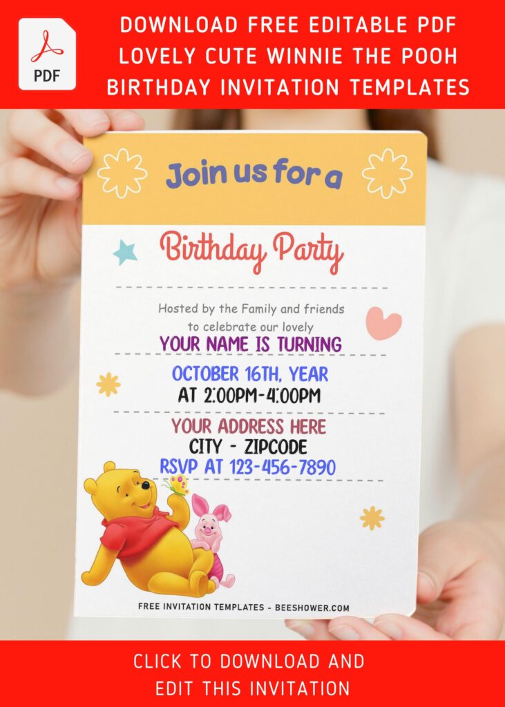 (Free Editable PDF) Fairly Cute Winnie The Pooh Birthday Invitation Templates with adorable Pooh and Piglet