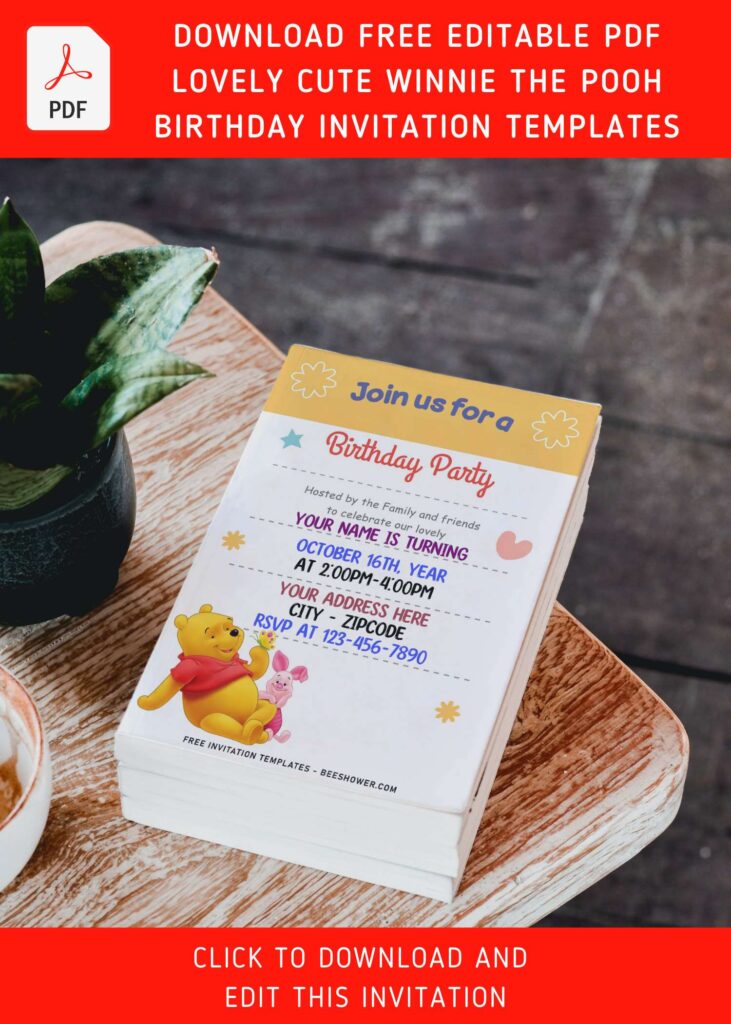 (Free Editable PDF) Fairly Cute Winnie The Pooh Birthday Invitation Templates with cute hand drawn stars