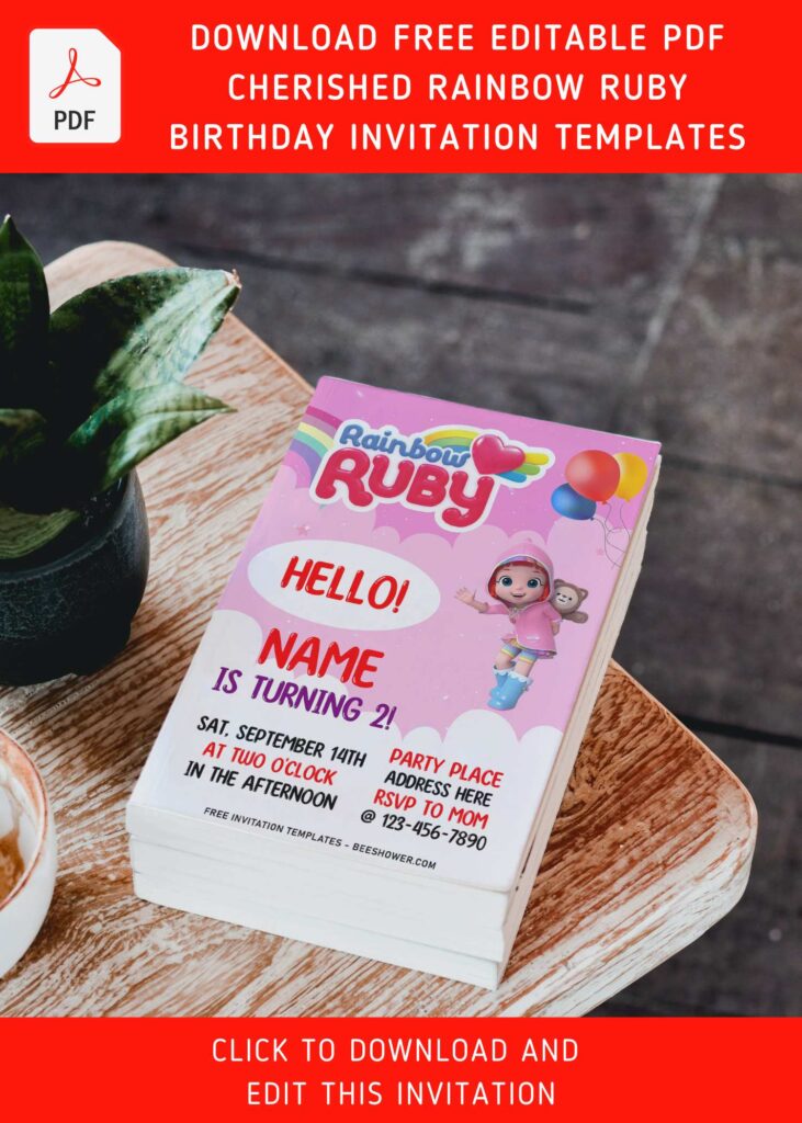 (Free Editable PDF) Cherished Rainbow Ruby Birthday Invitation Templates For Girl with colorful balloon