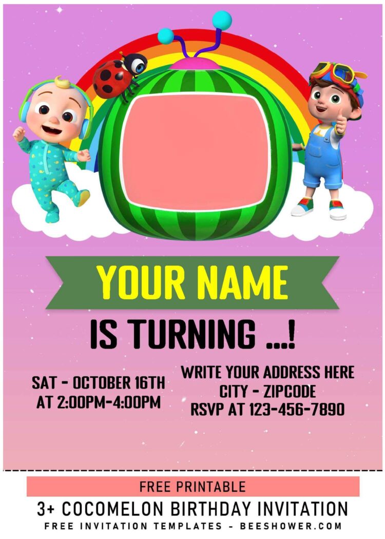 (Free Editable PDF) Cutesy Rainbow Cocomelon Birthday Invitation ...