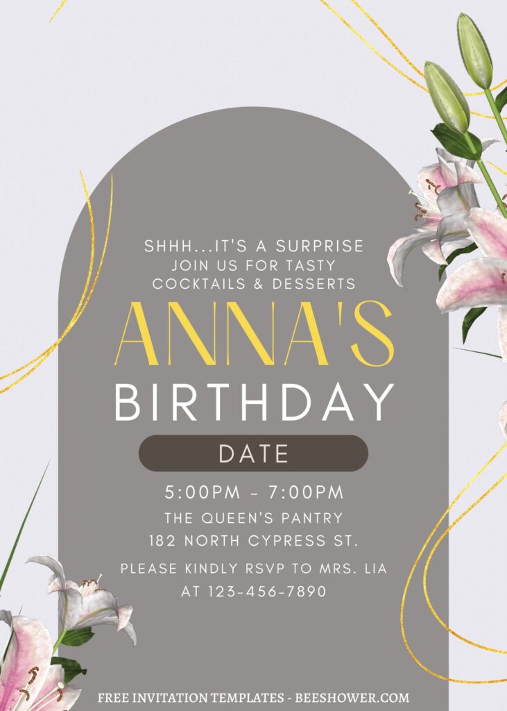 (Free) 7+ Cascading Lily Canva Birthday Invitation Templates with off white canvas background