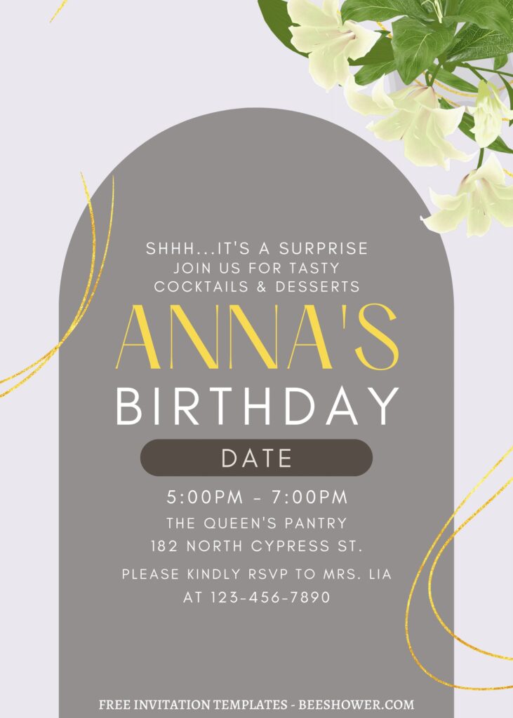 (Free) 7+ Cascading Lily Canva Birthday Invitation Templates with geometric gold lines