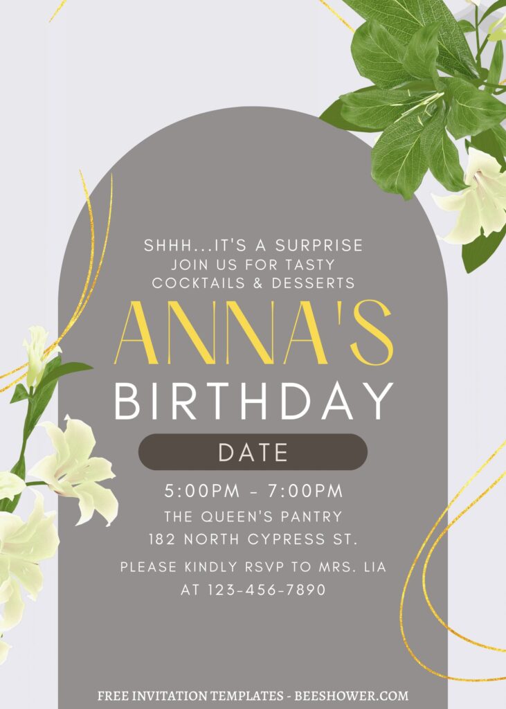 (Free) 7+ Cascading Lily Canva Birthday Invitation Templates with arch shaped text box