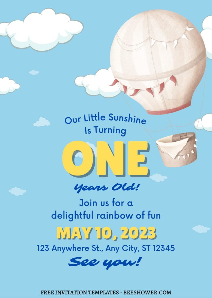 FREE EDITABLE - 10+ Hot Air Balloon Kids Canva Birthday Invitation Templates with white fluffy clouds