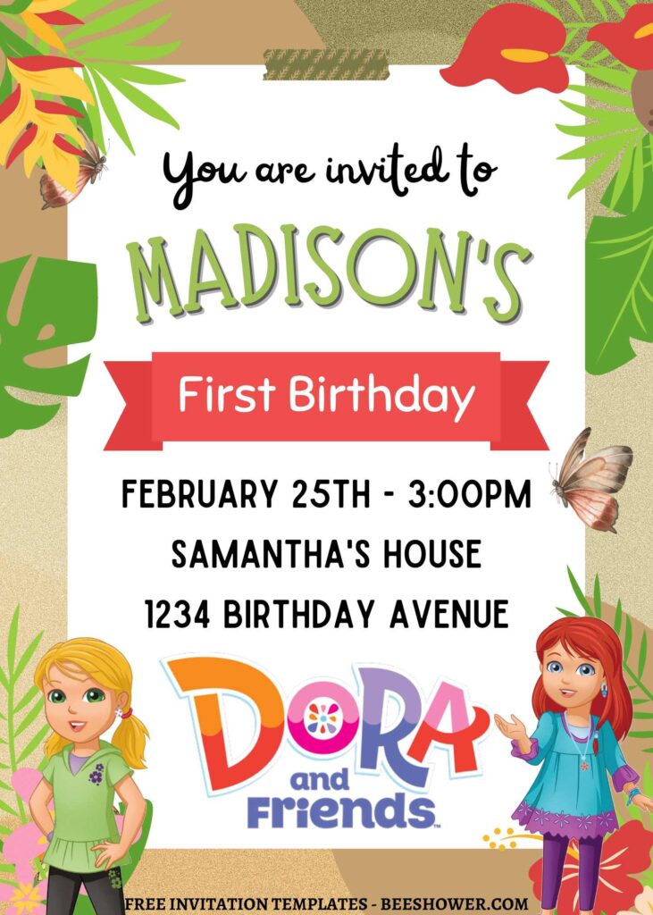 10+ Dora And Friends Jungle Adventure Canva Birthday Invitation Templates with jungle background