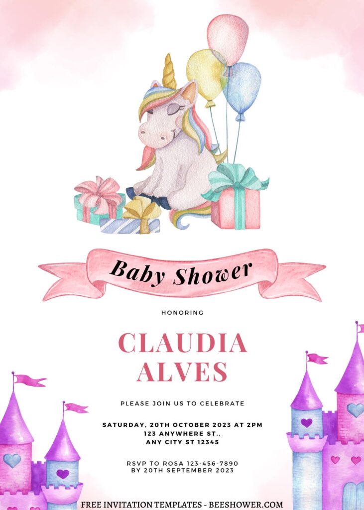 10+ Watercolor Princess Unicorn Canva Birthday Invitation Templates with watercolor ribbon and balloon