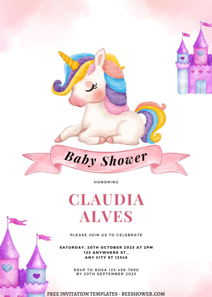 10+ Watercolor Princess Unicorn Canva Birthday Invitation Templates with Rainbow unicorn's mane