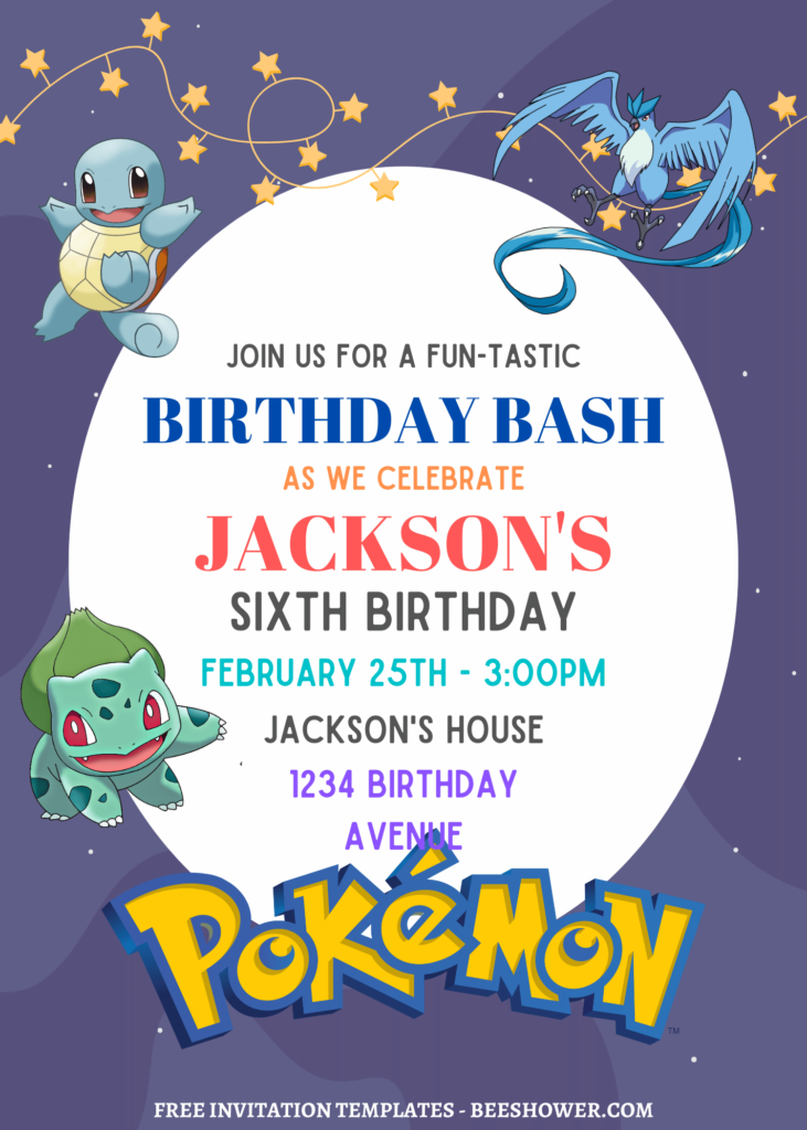 11+ Best Ever Pokemon Canva Birthday Invitation Templates with cute Squirtle and bulbasaur